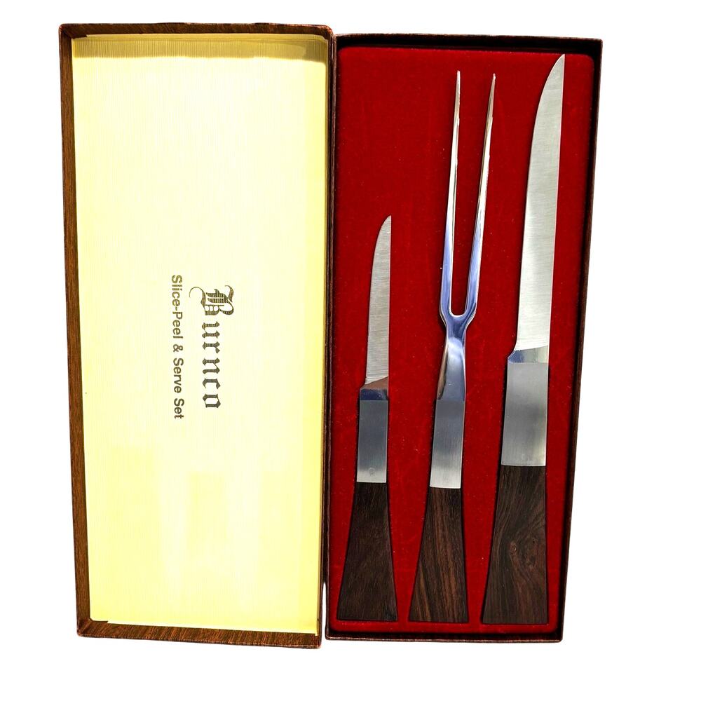Vintage Burnco Slice-Peel & Serve Set 3 Piece Stainless Japan Teak Handles Box